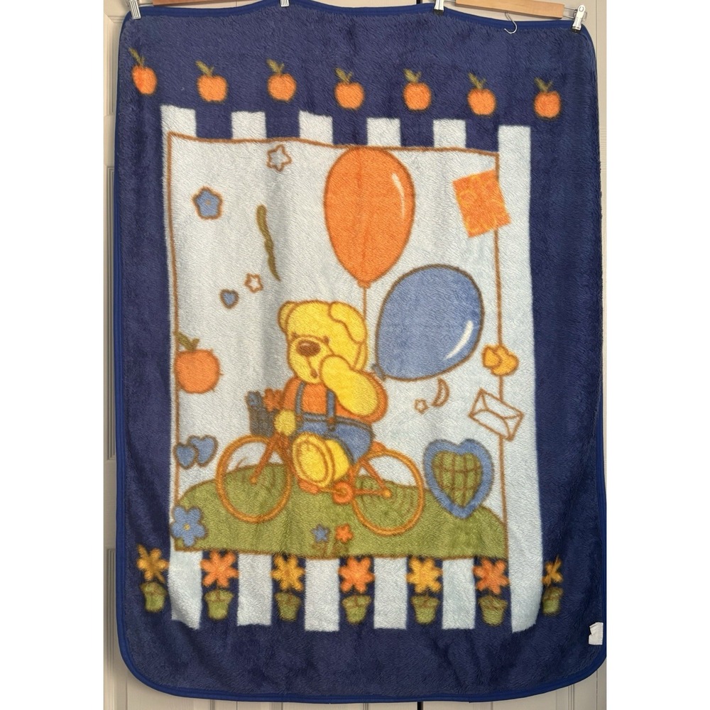 Vintage Baby Blanket‎ Mink Plush Deep Blue Teddy Bear Riding Bicycle 52"x40" - Picture 8 of 10